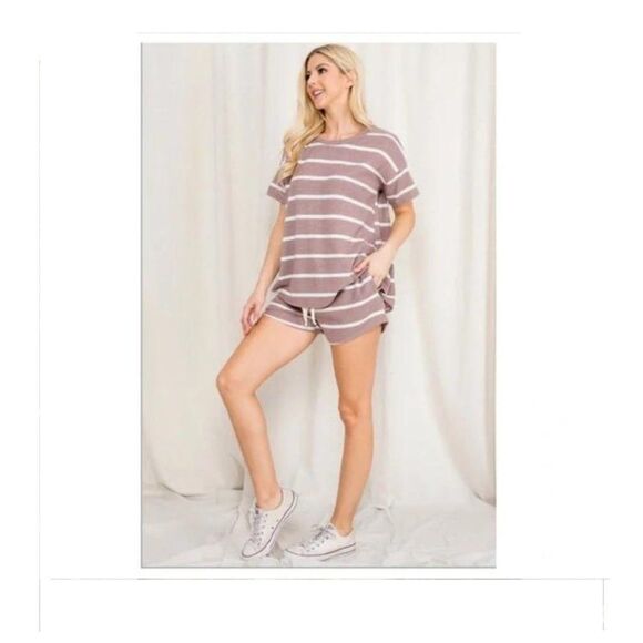 Mocha Short Sleeve Striped Top and Short Set  Sizes M-L-XL - Picture 7 of 7